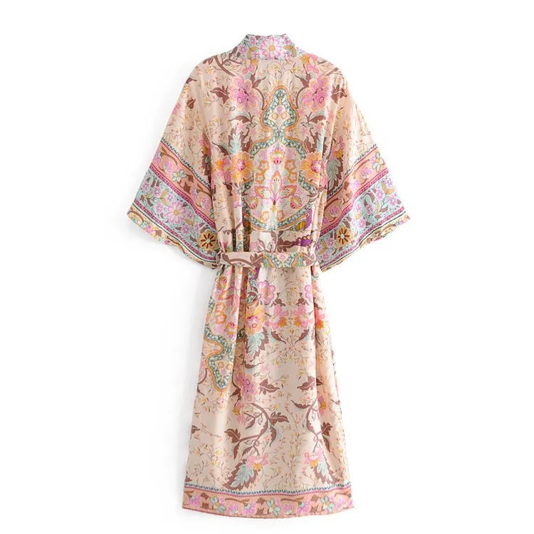 Long Kimono Floral Beige-Pink