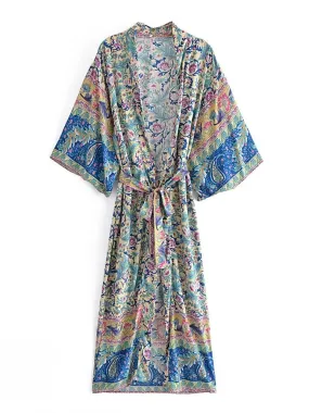 Long Kimono Floral Pink Blue