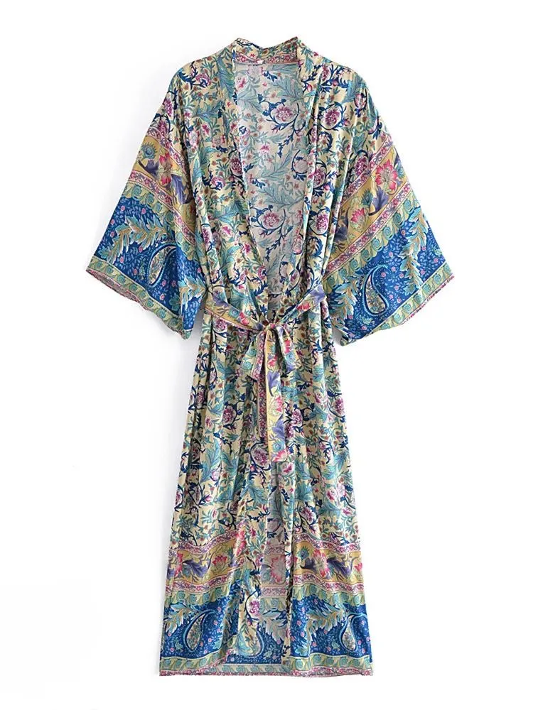 Long Kimono Floral Pink Blue