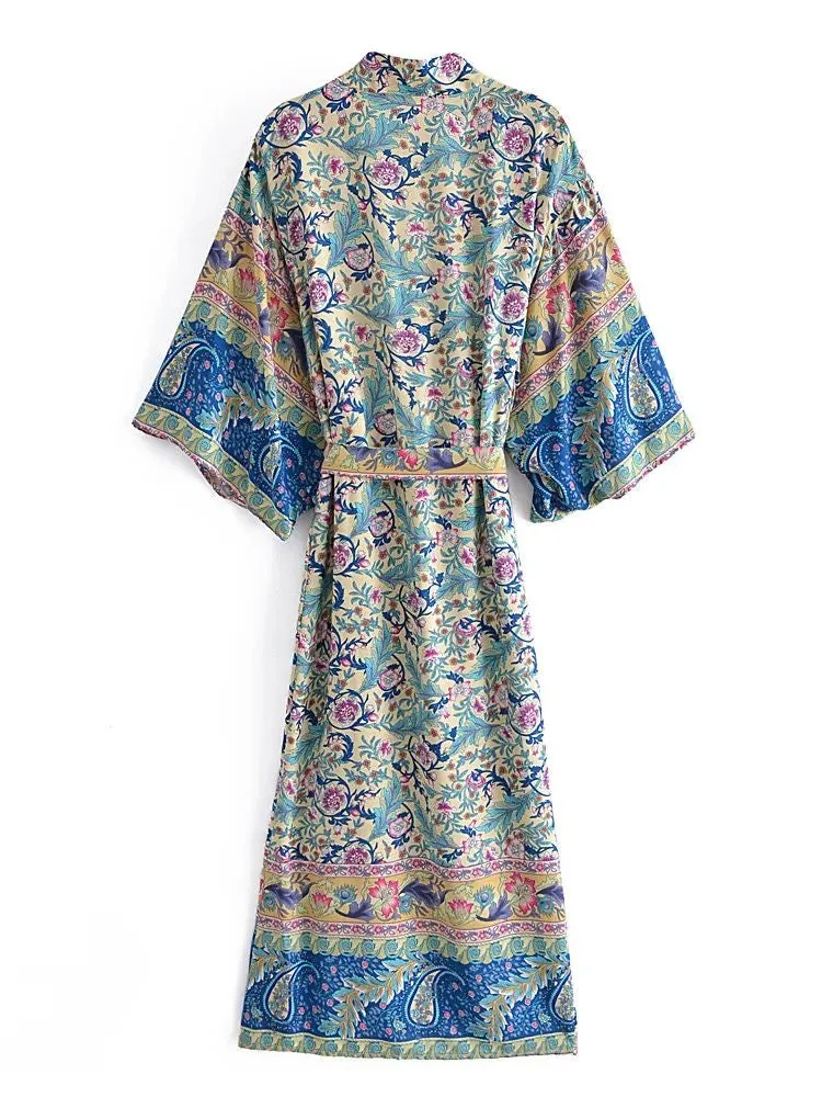 Long Kimono Floral Pink Blue