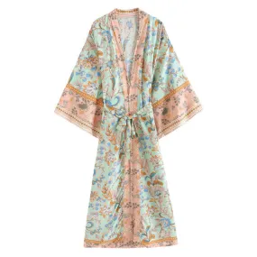 Long Kimono Mint Green-Peach Flowers