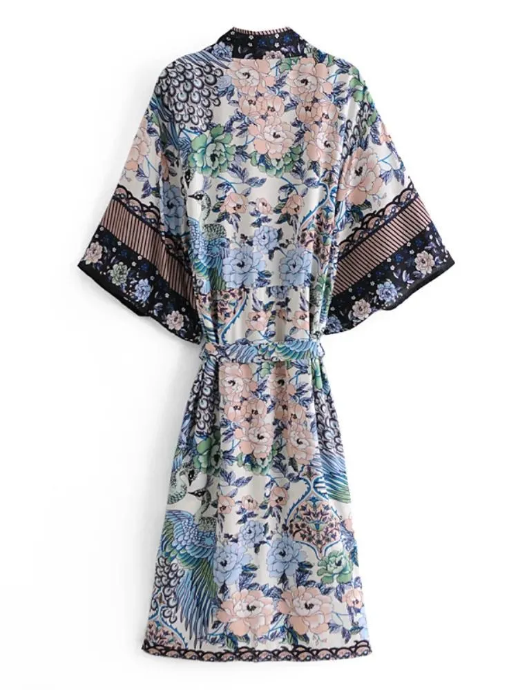 Long Kimono Peacock & Flowers Blue