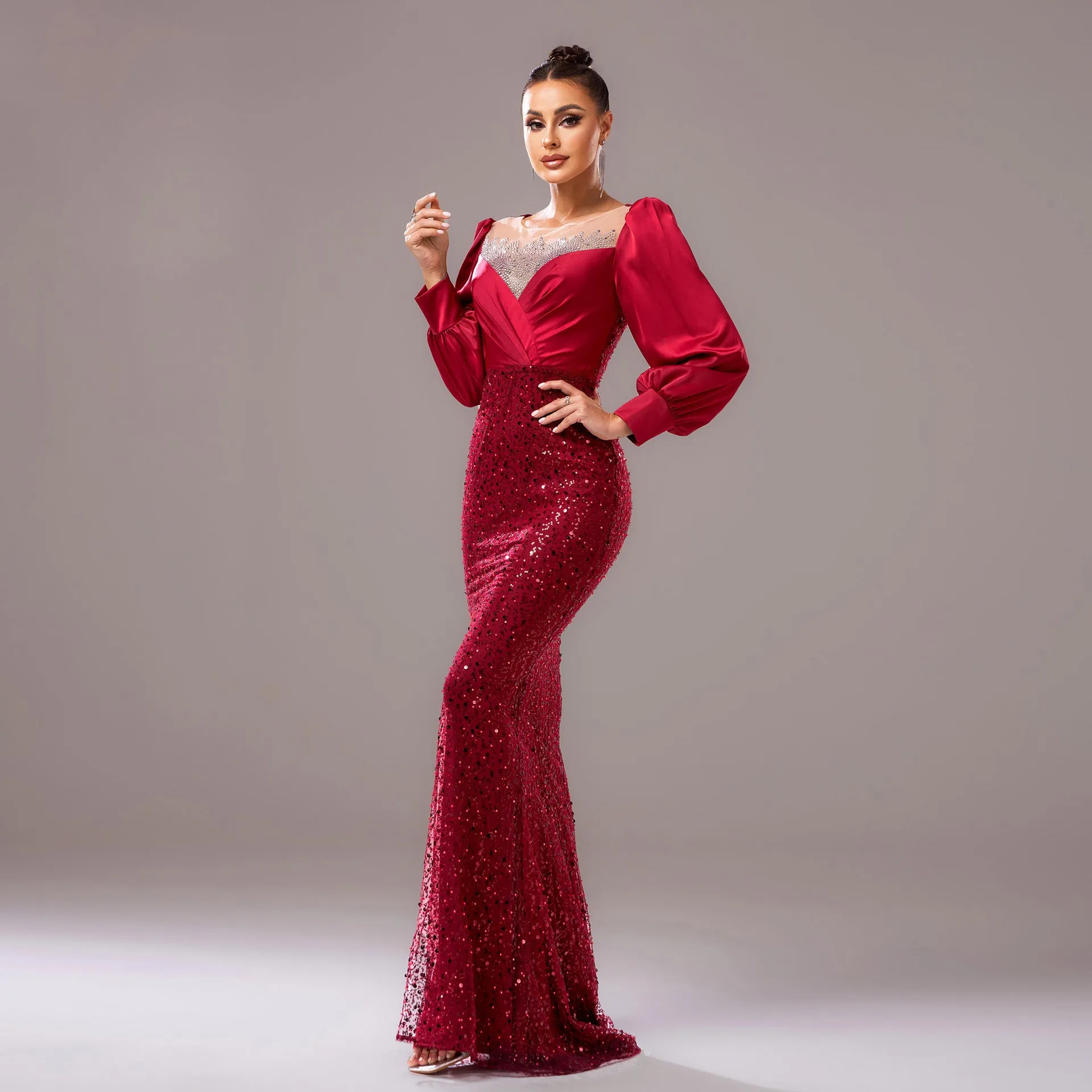 Long Sleeve Round Neck Rhinestone Sequined Evening Dress