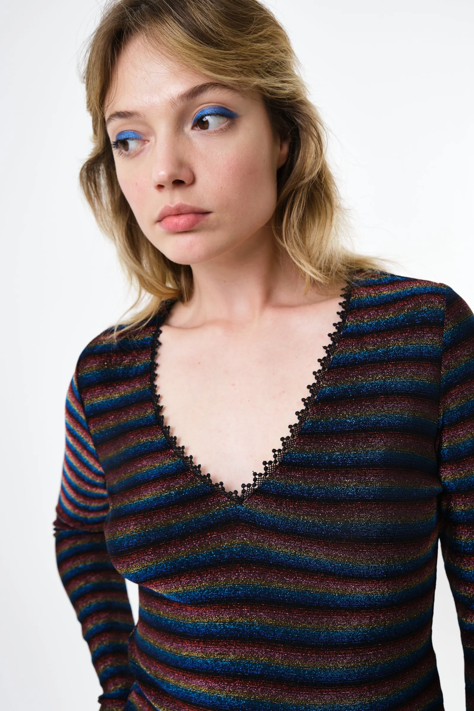 Maeko Sparkle Stripe V-Neck Top - Gold
