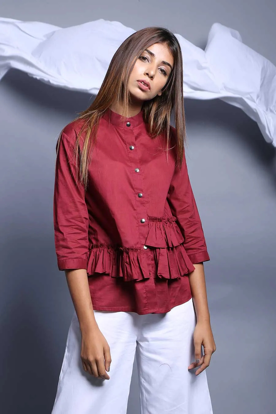 Maroon Cotton Ruffled Shirt Top