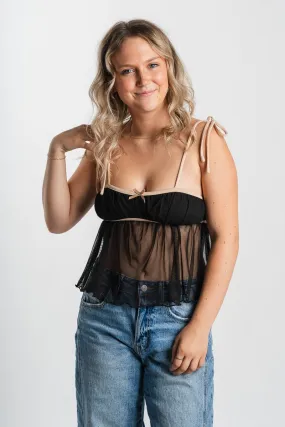 Mesh babydoll tank top black