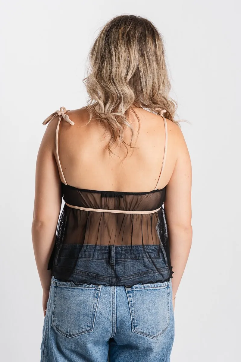 Mesh babydoll tank top black