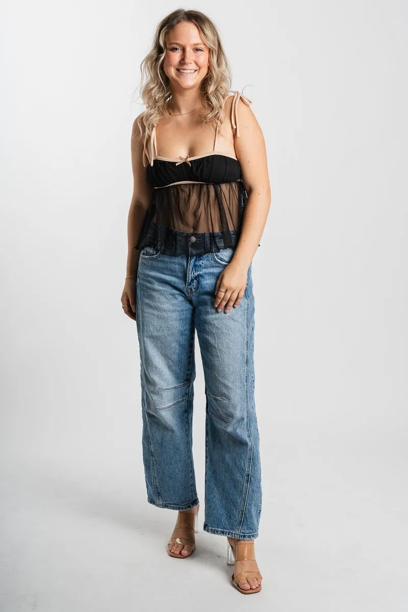 Mesh babydoll tank top black