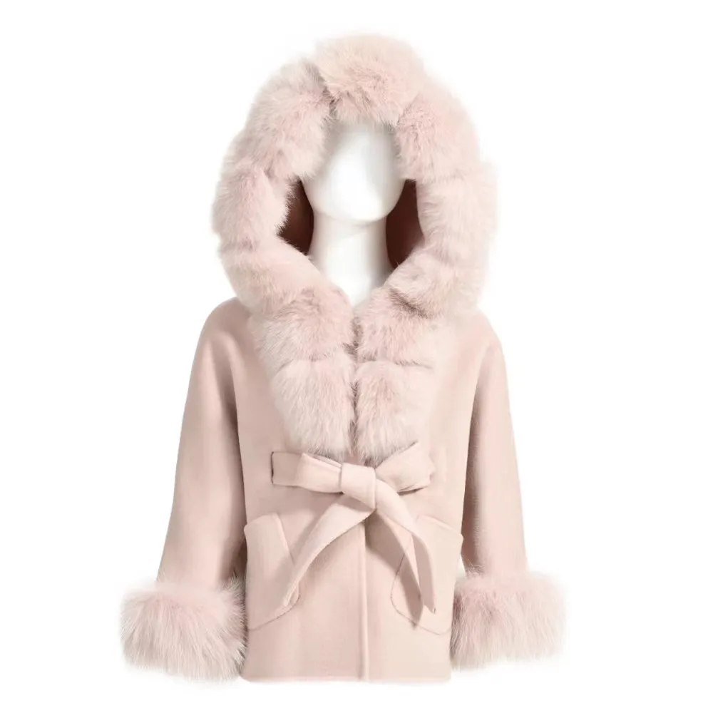 MI LOVES SIGNATURE Luxurious Anna cashmere kids coat with Fox fur trim and cuffs in Beautiful Nude colour