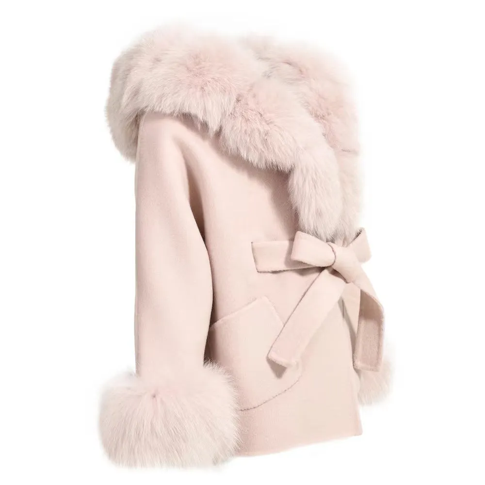 MI LOVES SIGNATURE Luxurious Anna cashmere kids coat with Fox fur trim and cuffs in Beautiful Nude colour