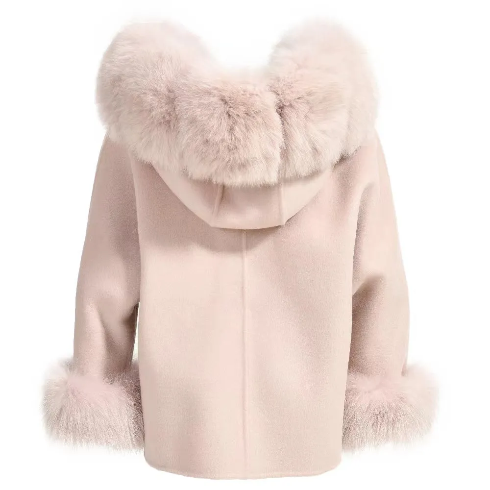 MI LOVES SIGNATURE Luxurious Anna cashmere kids coat with Fox fur trim and cuffs in Beautiful Nude colour