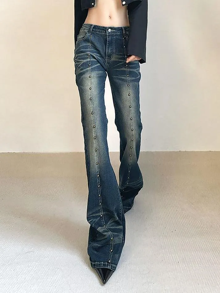 Mid Rise Washed Studded Flared Jeans