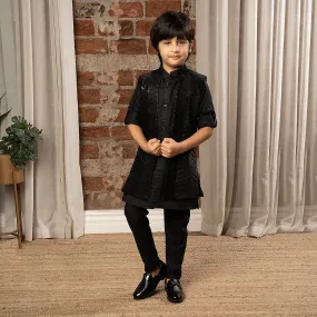 Ministitch full sleeves kurta pyjama set with sequin embroidered Jacket for boys - Black