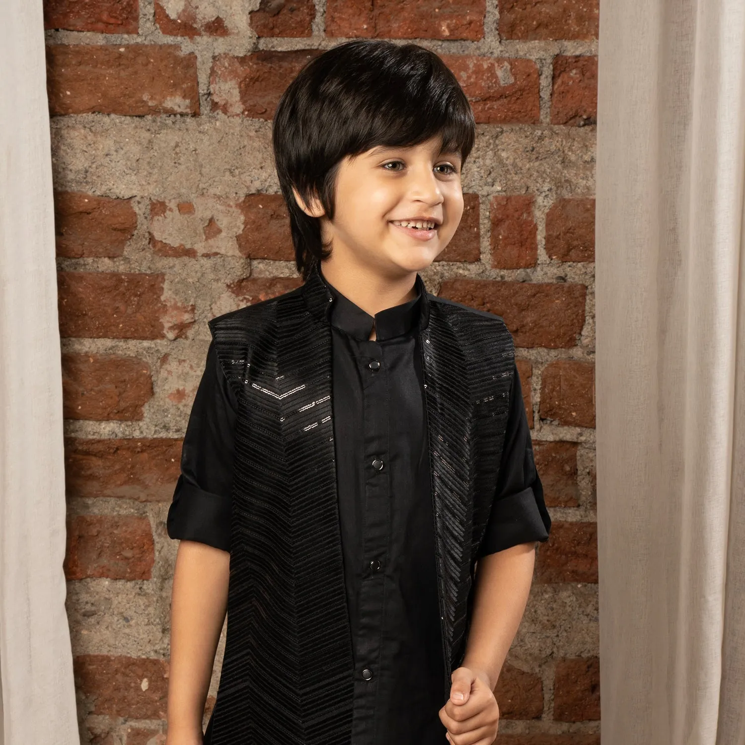Ministitch full sleeves kurta pyjama set with sequin embroidered Jacket for boys - Black
