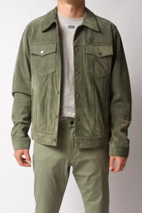 Modern Suede Trucker Jacket in Deep Army