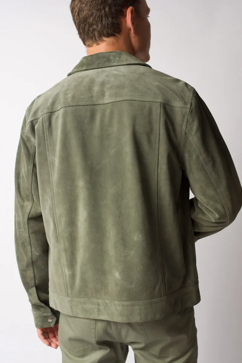 Modern Suede Trucker Jacket in Deep Army