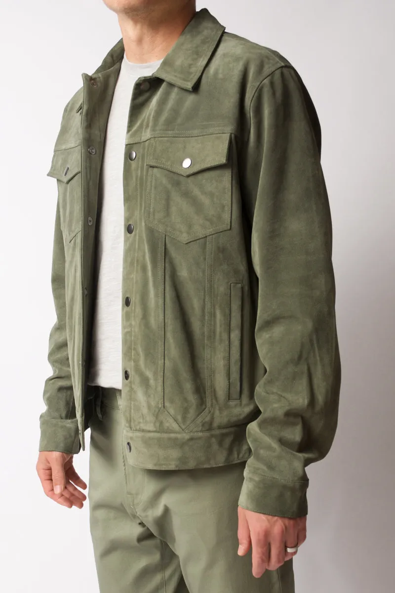 Modern Suede Trucker Jacket in Deep Army