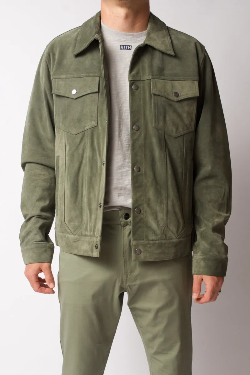 Modern Suede Trucker Jacket in Deep Army