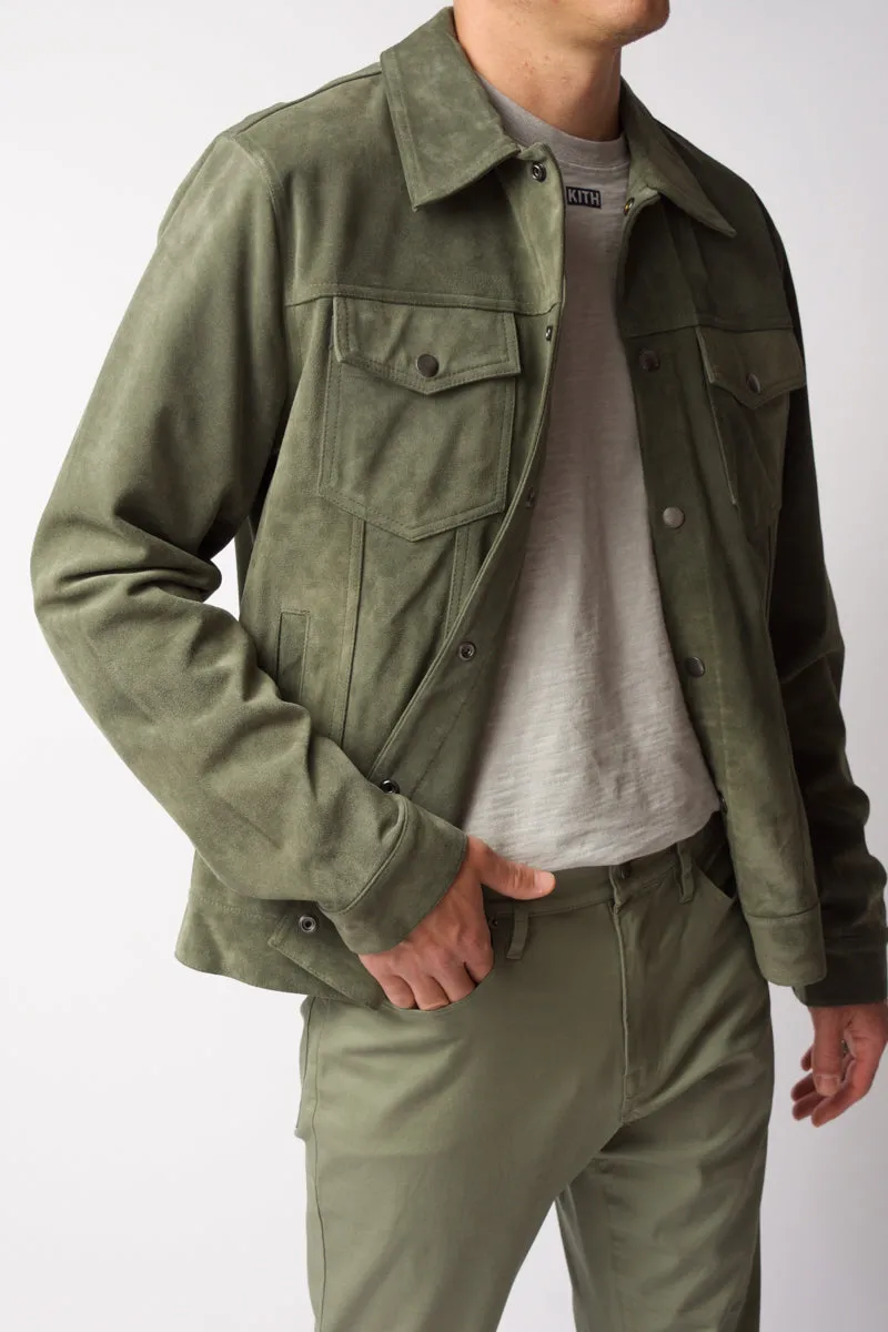 Modern Suede Trucker Jacket in Deep Army