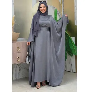 Modest Muslim Woman's Luxe Silk Kimono Two Piece Abaya - 8497 Grey