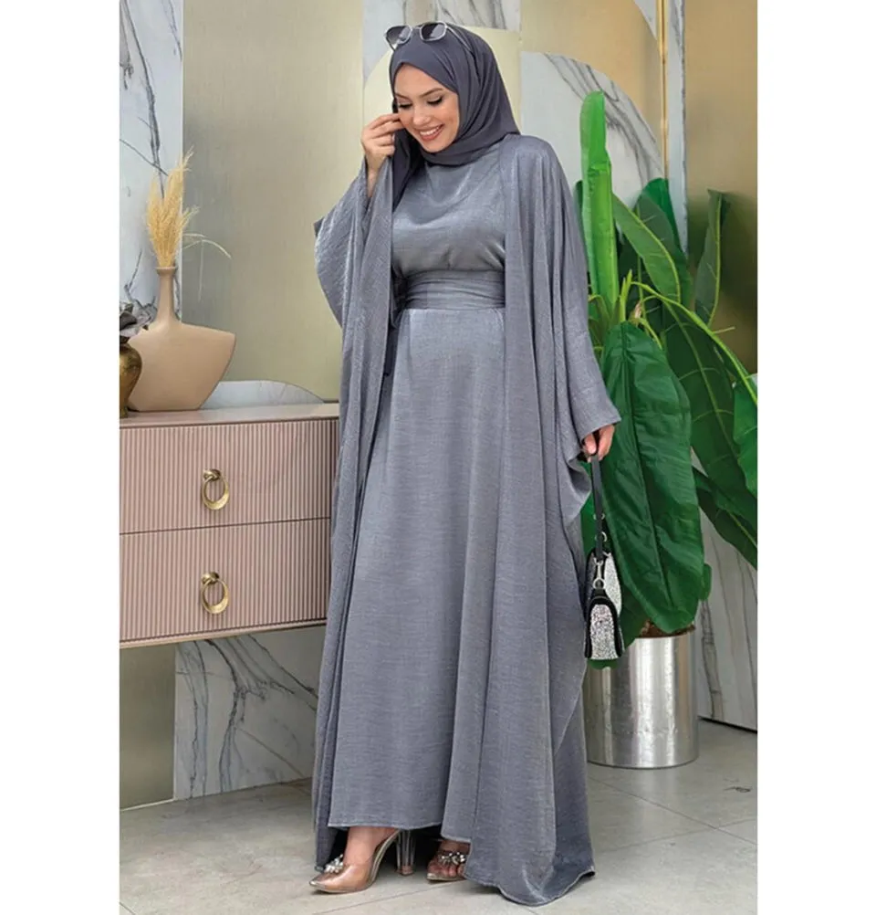 Modest Muslim Woman's Luxe Silk Kimono Two Piece Abaya - 8497 Grey