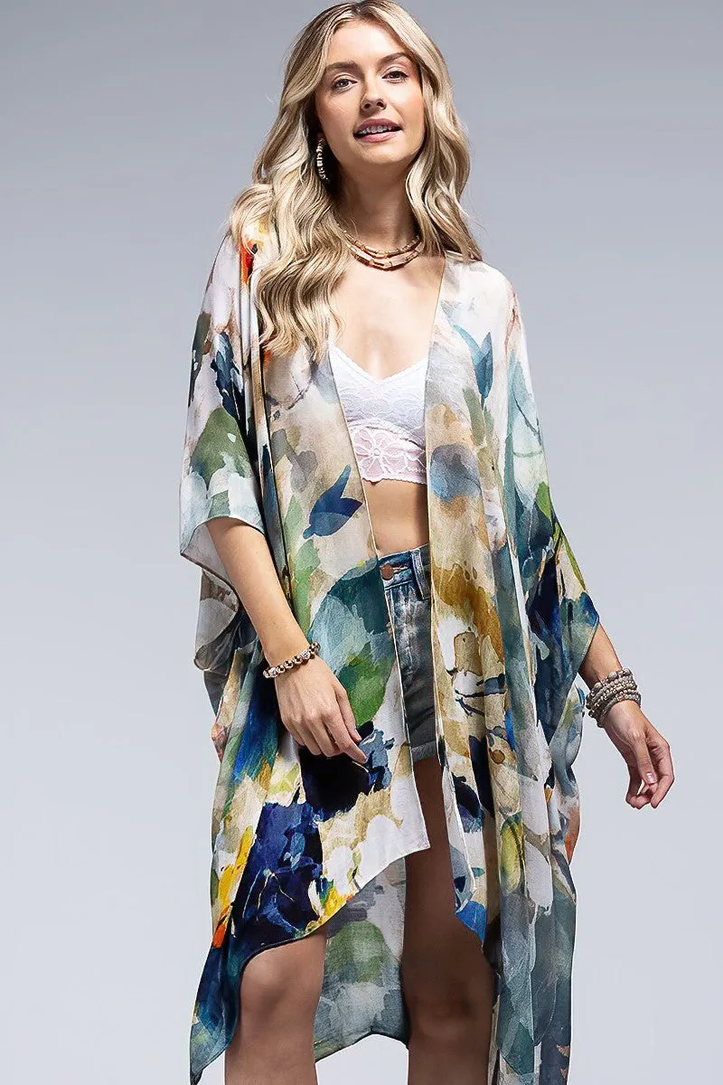 Monica Floral Watercolor Spring Summer Open Wrap Women's Casual One Size Kimono