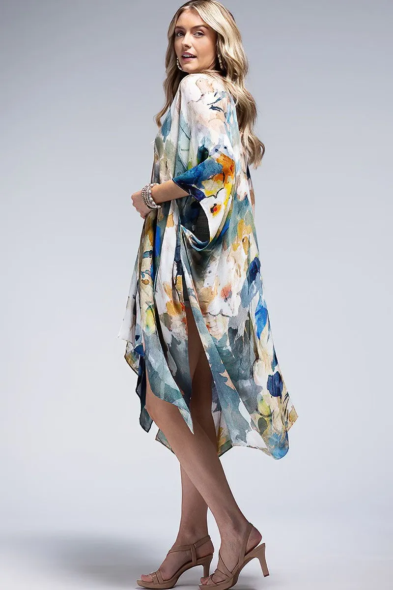 Monica Floral Watercolor Spring Summer Open Wrap Women's Casual One Size Kimono