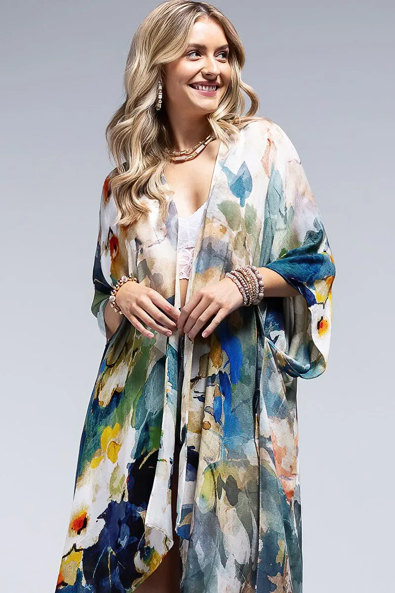 Monica Floral Watercolor Spring Summer Open Wrap Women's Casual One Size Kimono