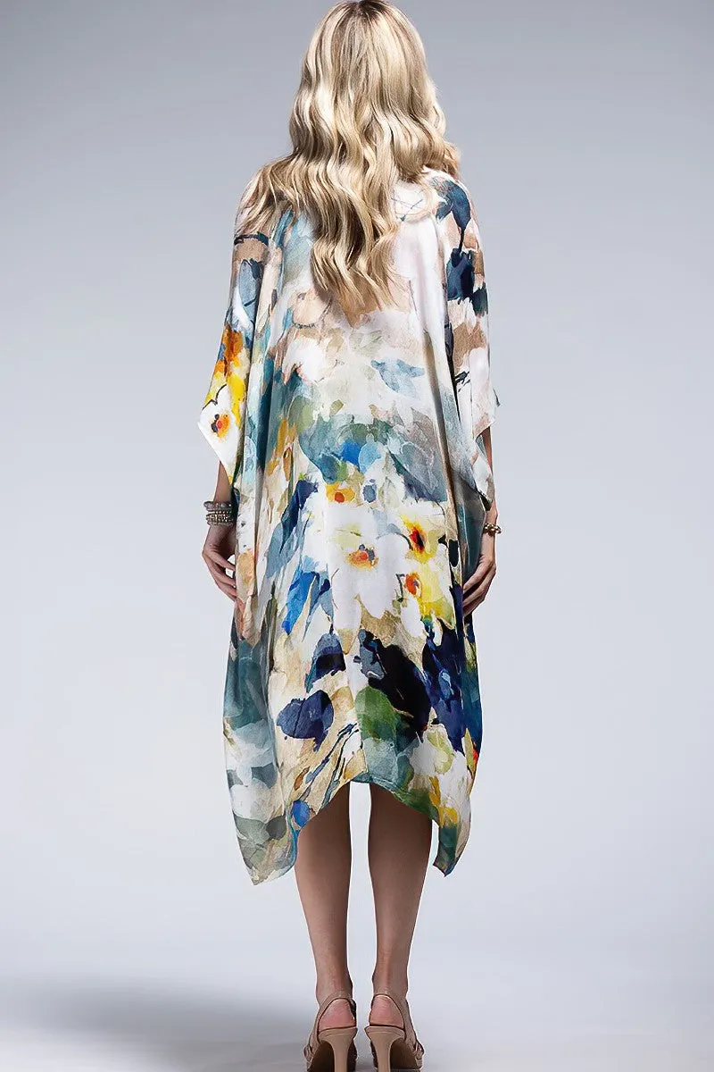 Monica Floral Watercolor Spring Summer Open Wrap Women's Casual One Size Kimono