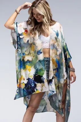 Monica Floral Watercolor Spring Summer Open Wrap Women's Casual One Size Kimono