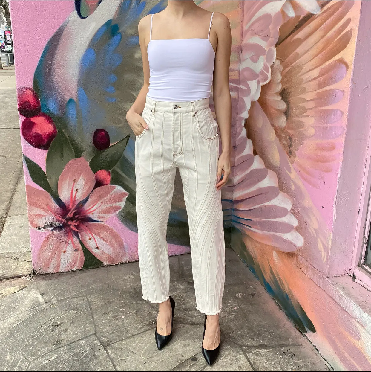 Mugler Cream Seamed Twist Denim Jeans - FR38 / USA 6