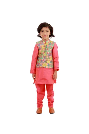 Multicolor silk jacket with peach kurta pyjama set