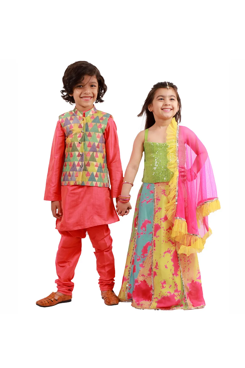 Multicolor silk jacket with peach kurta pyjama set