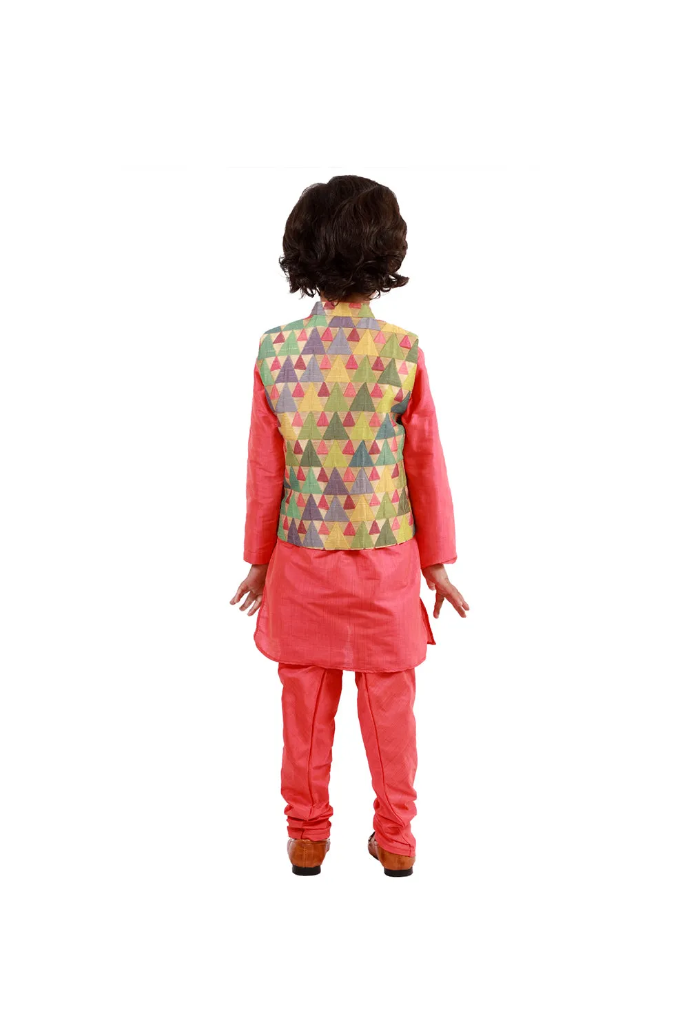 Multicolor silk jacket with peach kurta pyjama set
