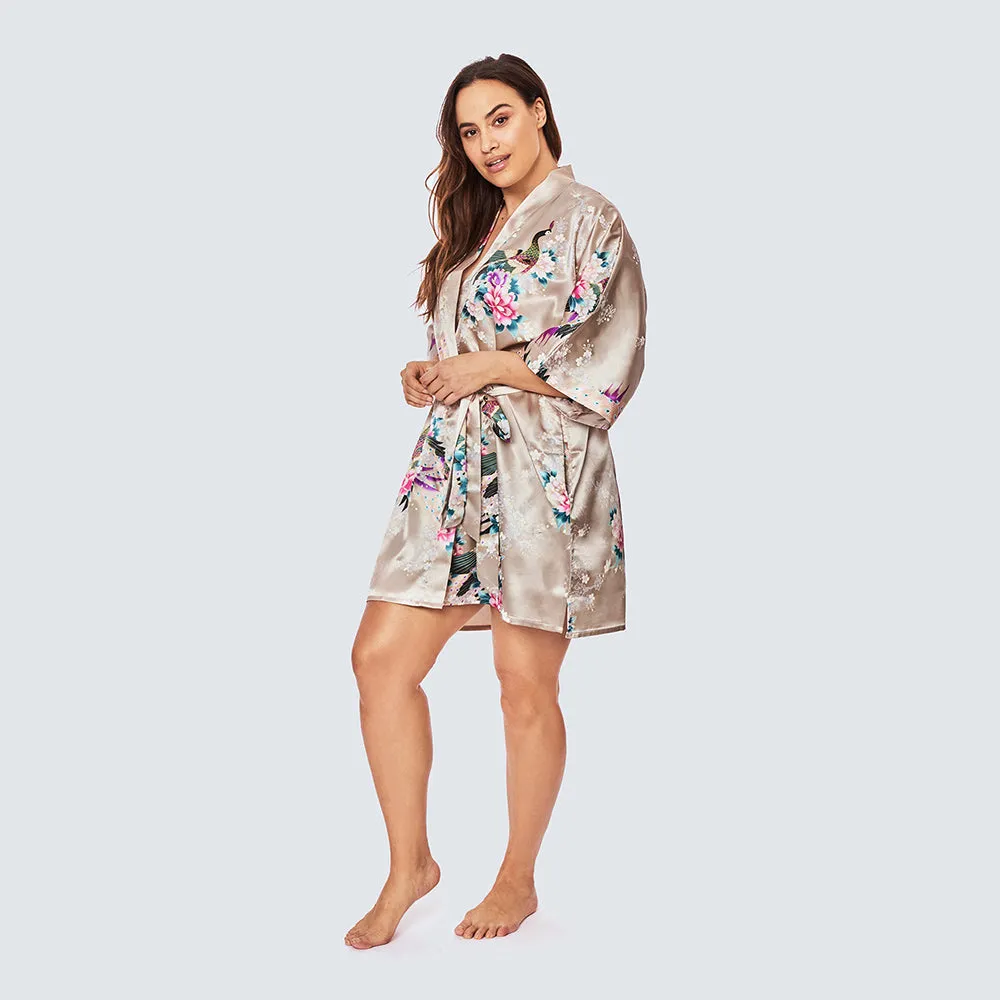 Peacock & Blossoms Short Kimono Robe (Plus Size)
