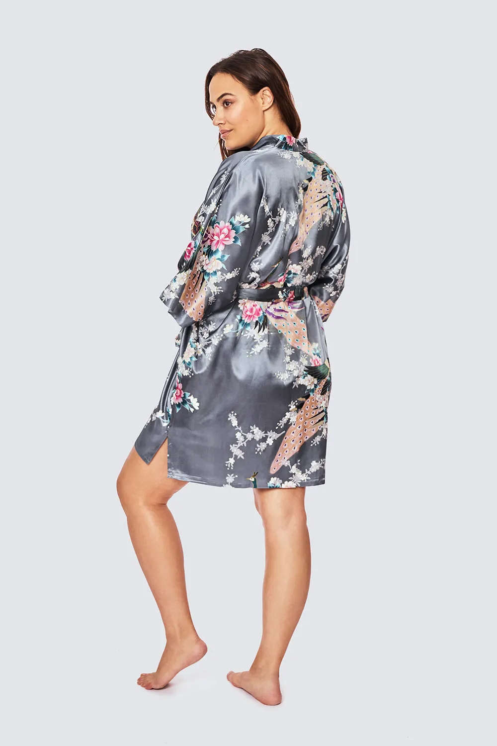 Peacock & Blossoms Short Kimono Robe (Plus Size)