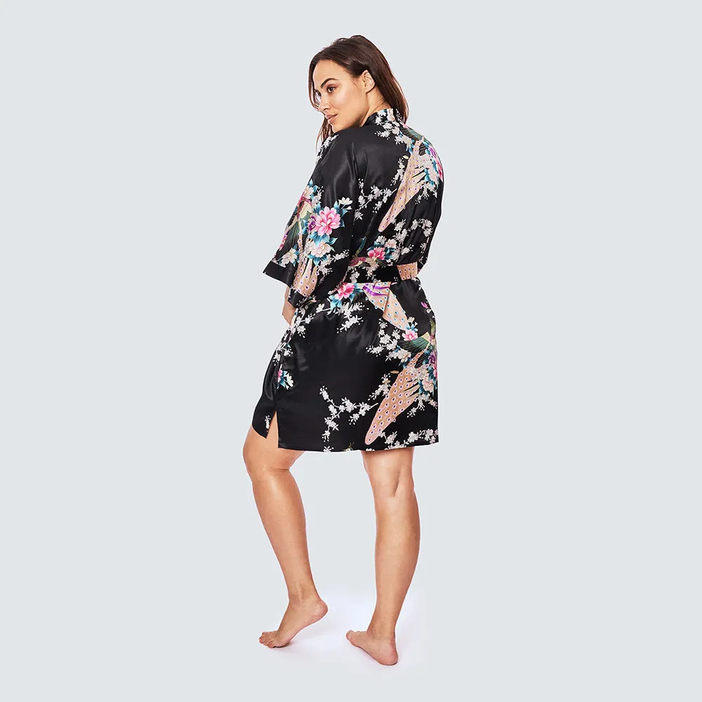 Peacock & Blossoms Short Kimono Robe (Plus Size)