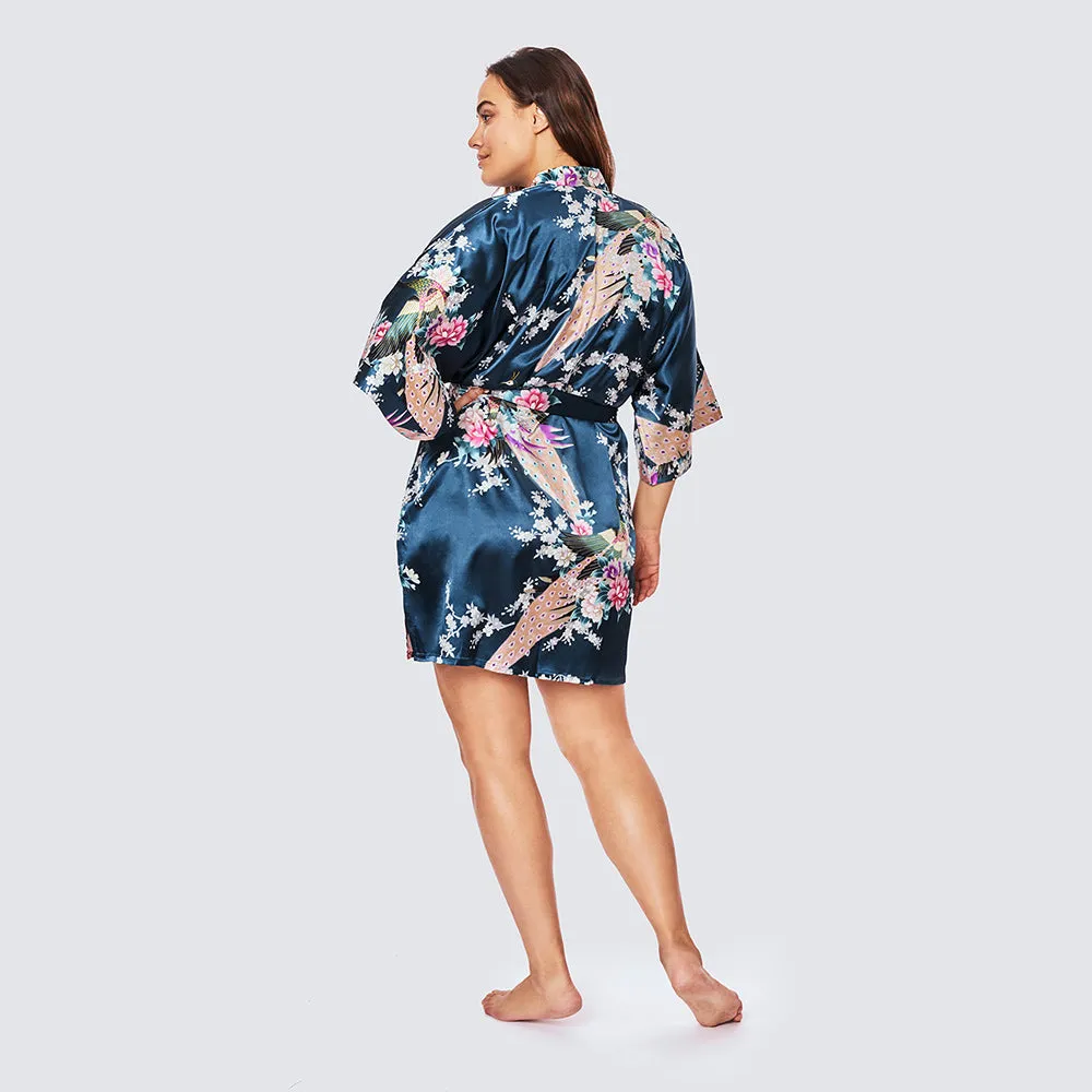 Peacock & Blossoms Short Kimono Robe (Plus Size)