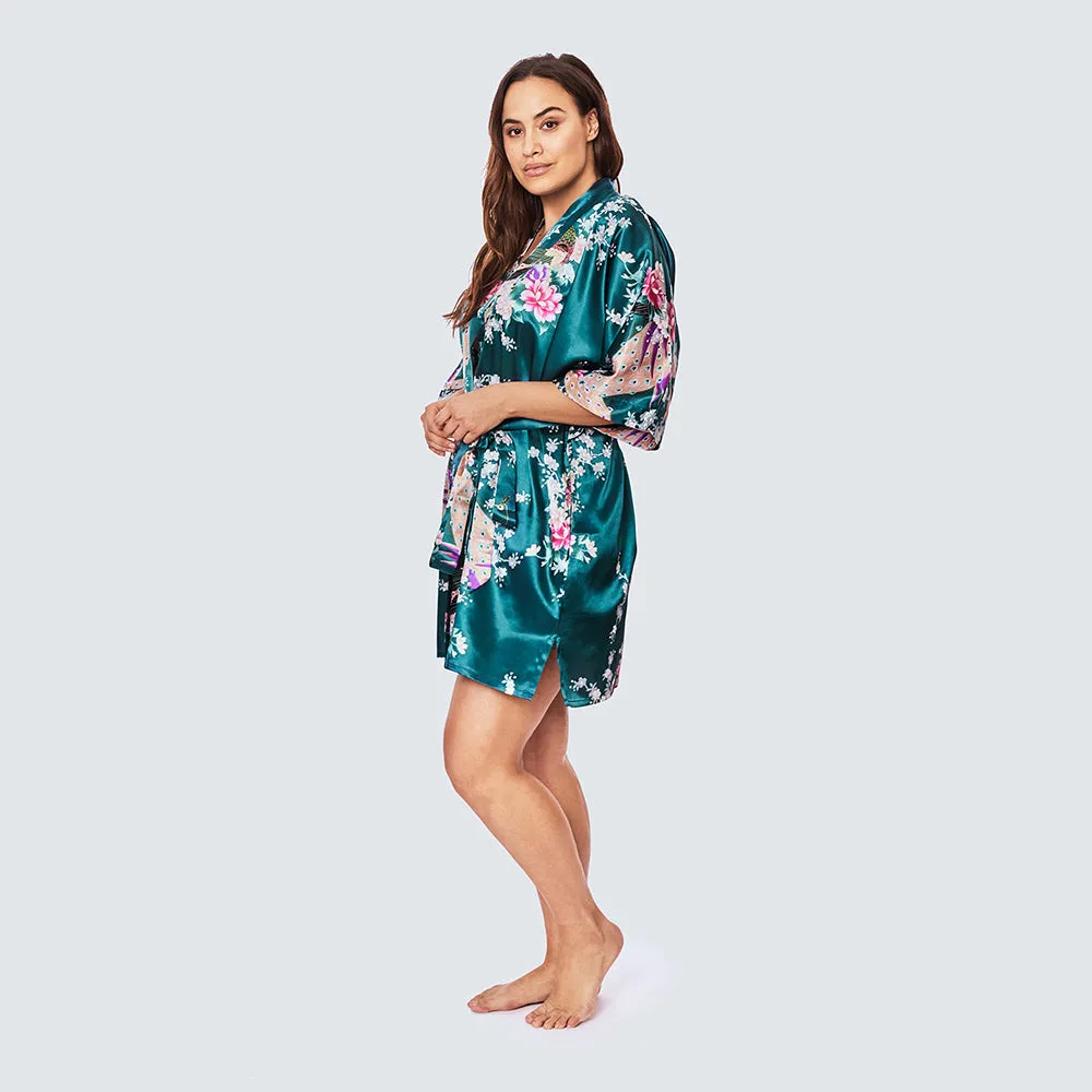 Peacock & Blossoms Short Kimono Robe (Plus Size)