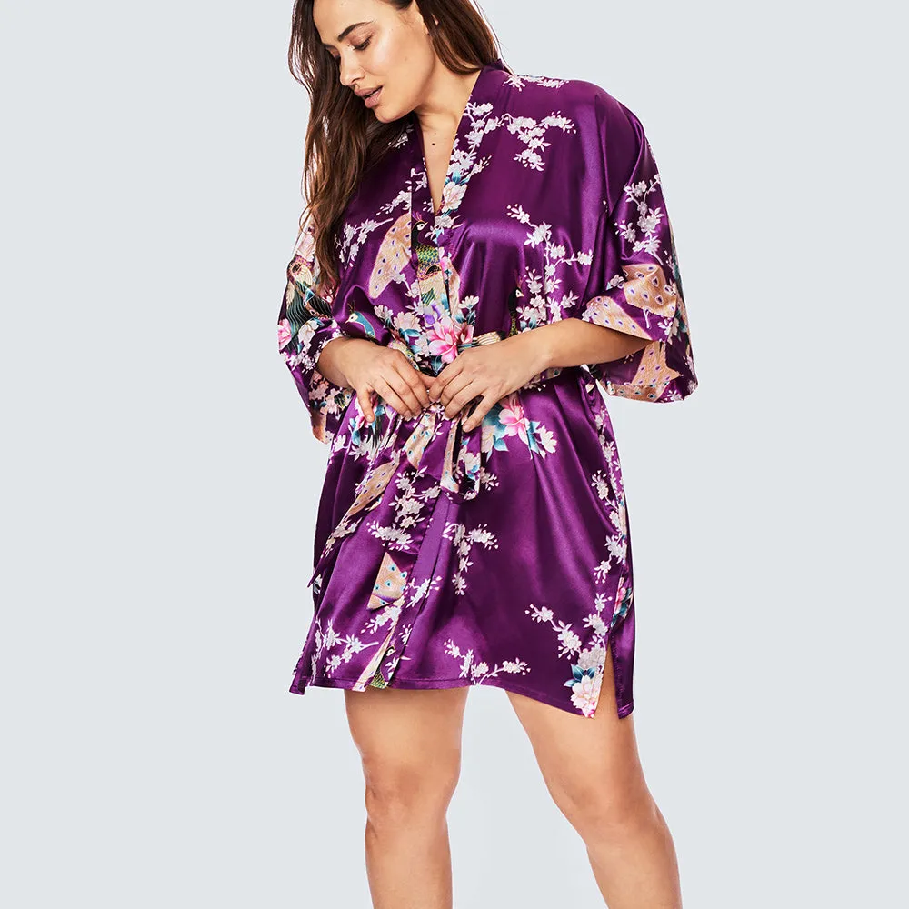 Peacock & Blossoms Short Kimono Robe (Plus Size)