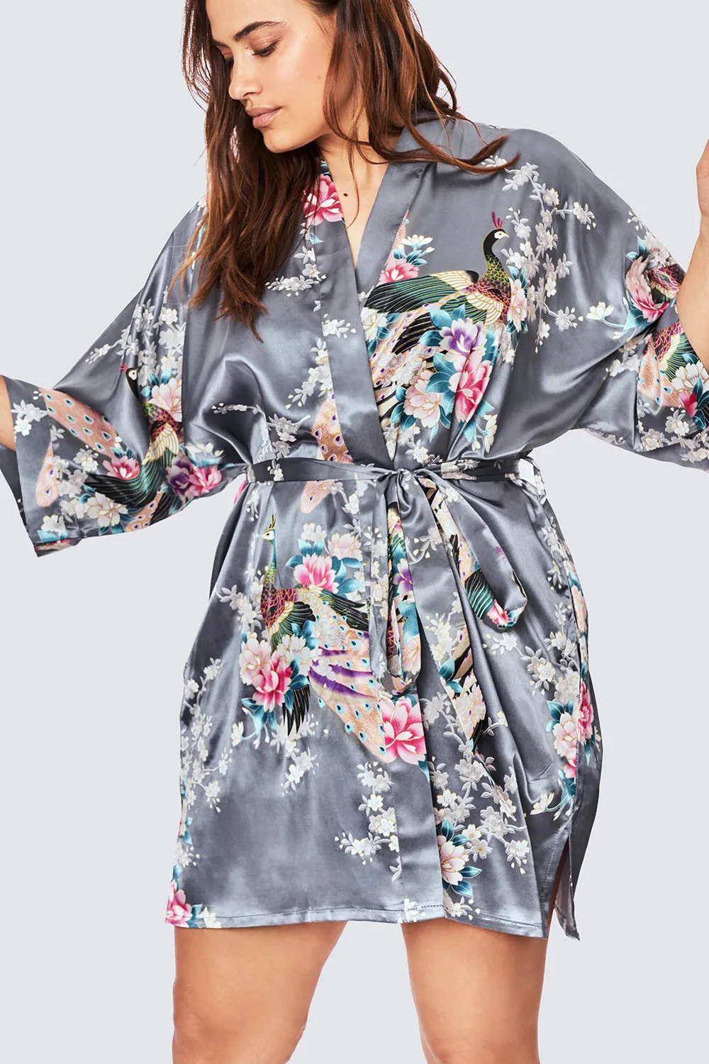 Peacock & Blossoms Short Kimono Robe (Plus Size)
