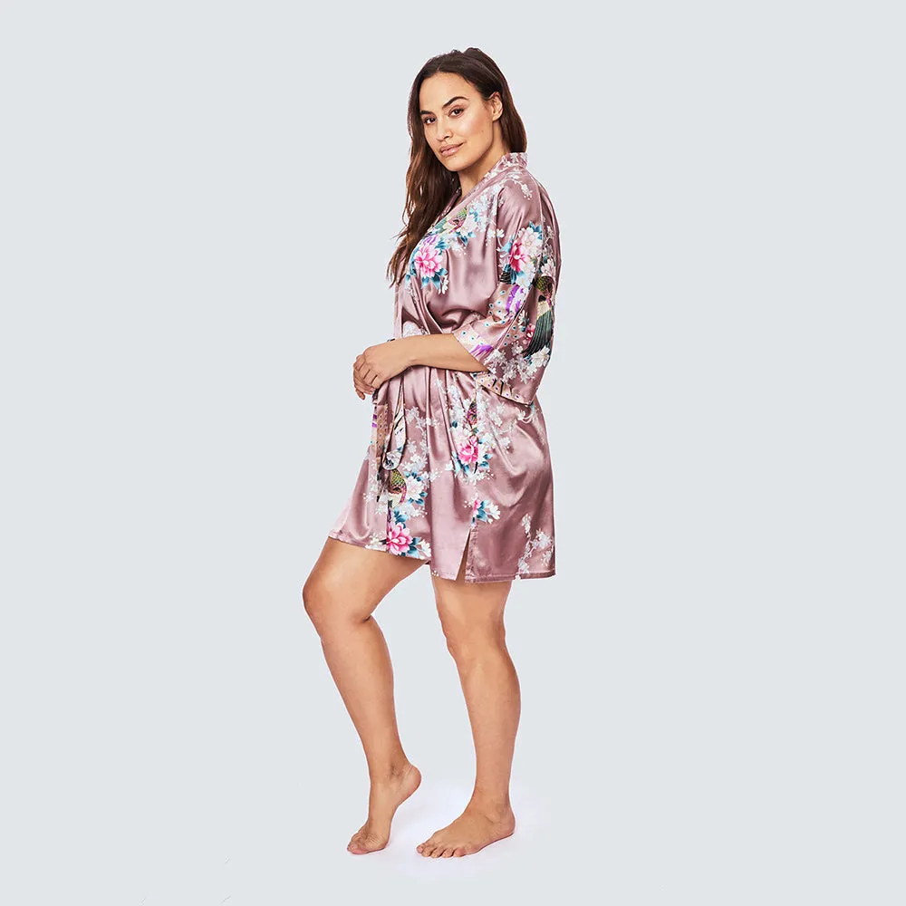 Peacock & Blossoms Short Kimono Robe (Plus Size)