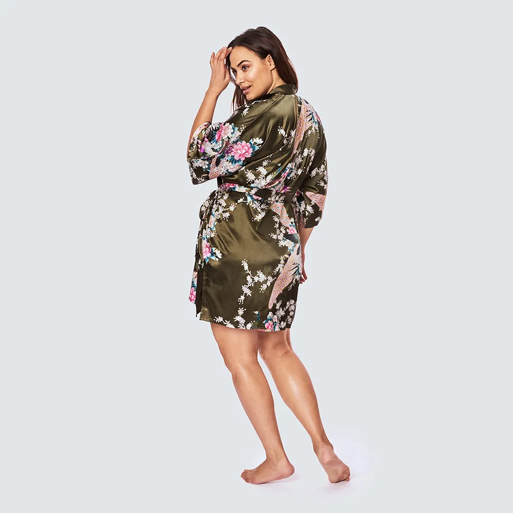 Peacock & Blossoms Short Kimono Robe (Plus Size)