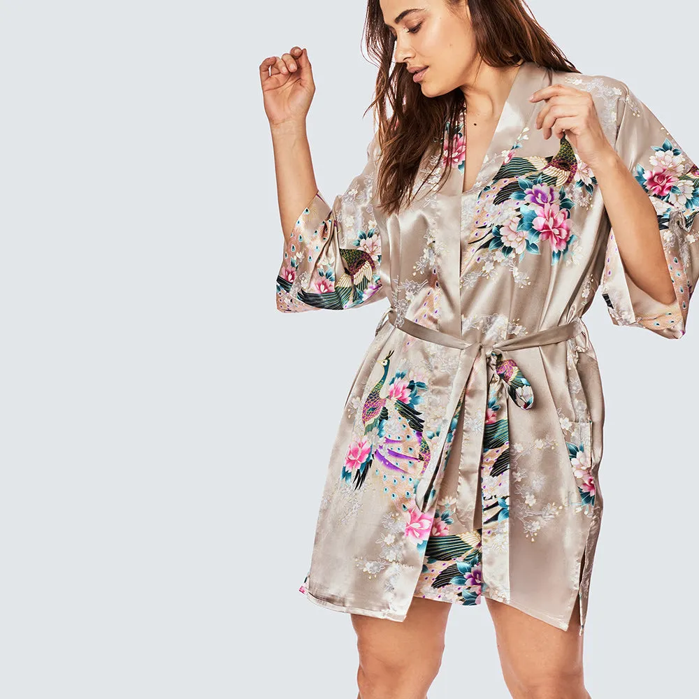 Peacock & Blossoms Short Kimono Robe (Plus Size)