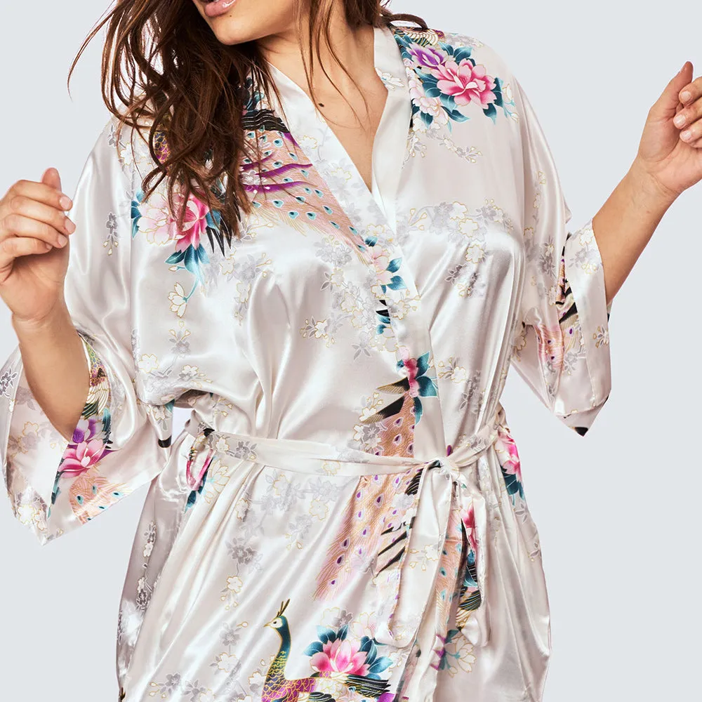 Peacock & Blossoms Short Kimono Robe (Plus Size)