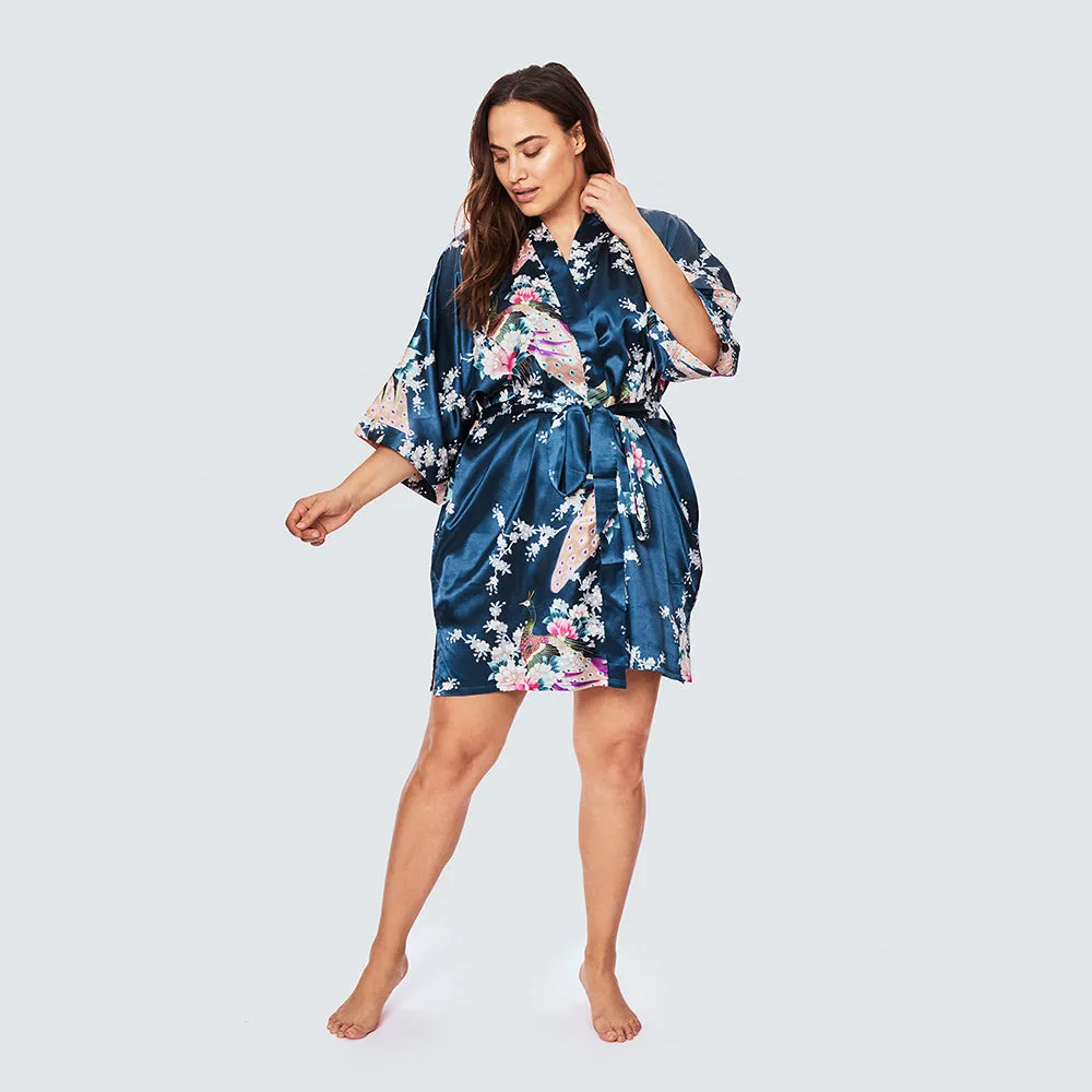 Peacock & Blossoms Short Kimono Robe (Plus Size)