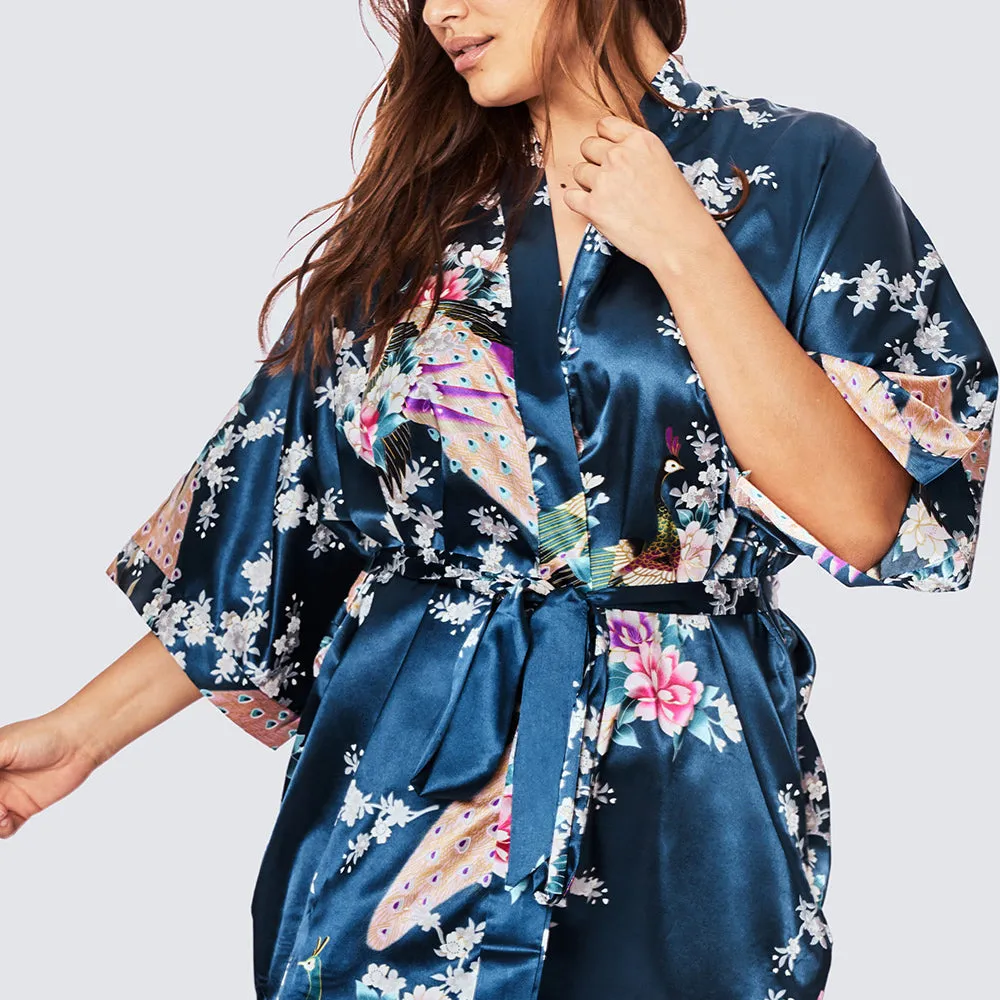 Peacock & Blossoms Short Kimono Robe (Plus Size)