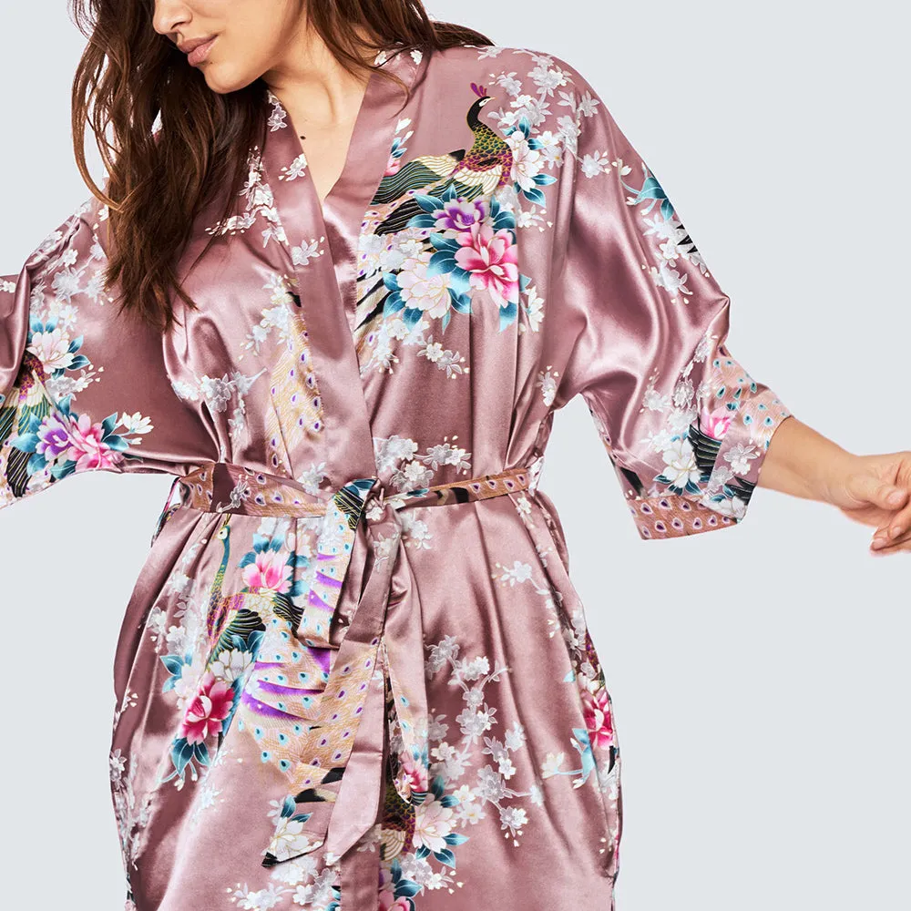 Peacock & Blossoms Short Kimono Robe (Plus Size)