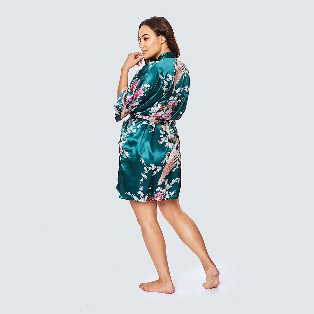 Peacock & Blossoms Short Kimono Robe (Plus Size)