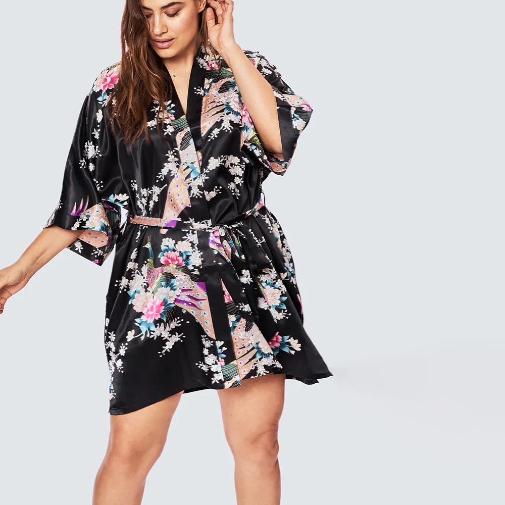 Peacock & Blossoms Short Kimono Robe (Plus Size)
